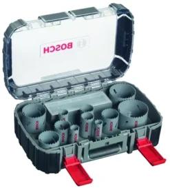 Coffret Progressor 14 Pièces BOSCH 11 Scies-trépans, 1 Adaptateur Q-Lock, 3 Adaptateurs De Transition, 2 Forets De Centrage HSS - 2608580888