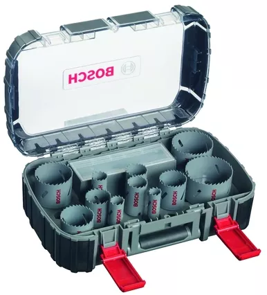 Coffret Progressor 14 Pièces BOSCH 11 Scies-trépans, 1 Adaptateur Q-Lock, 3 Adaptateurs De Transition, 2 Forets De Centrage HSS - 2608580888